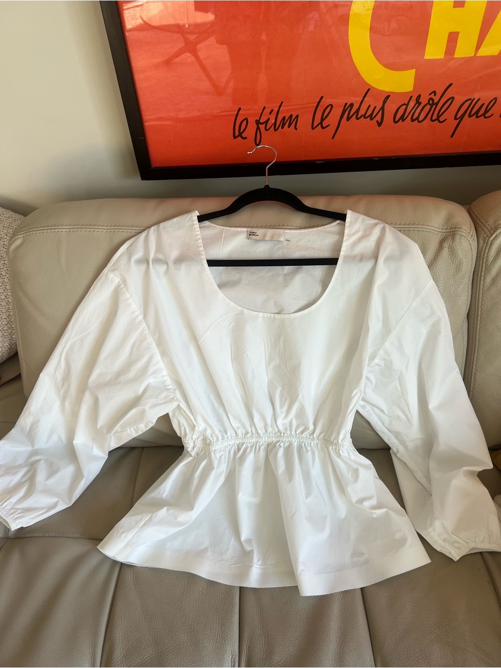 Tory Burch White Poplin Smocked Waist Peplum Long Sleeve Blouse Top